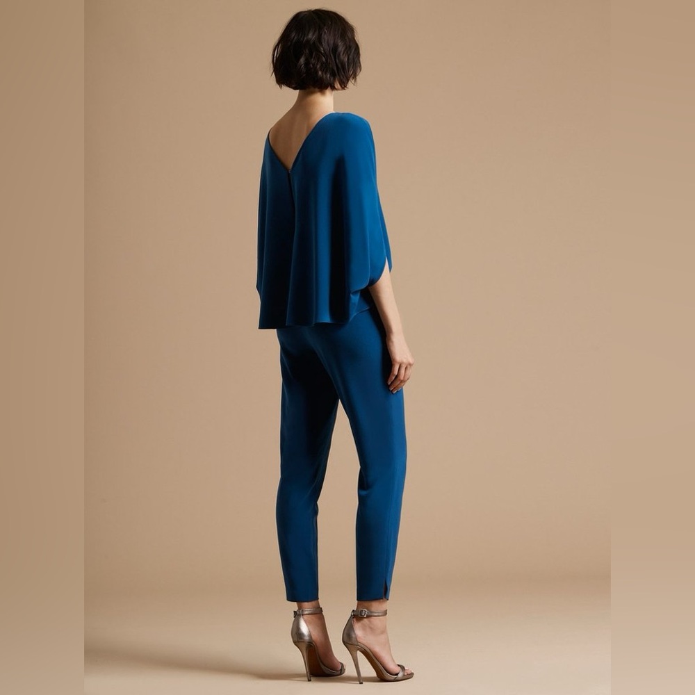 Halston Heritage Drape Sleeve Tapered Long Crepe Jumpsuit in Teal, size 14 - Picture 4 of 11